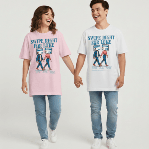 Swipe Right For Love" Oversized Graphic T-Shirt Combo – Premium Cotton Loose Fit Unisex Couple Streetwear Tee